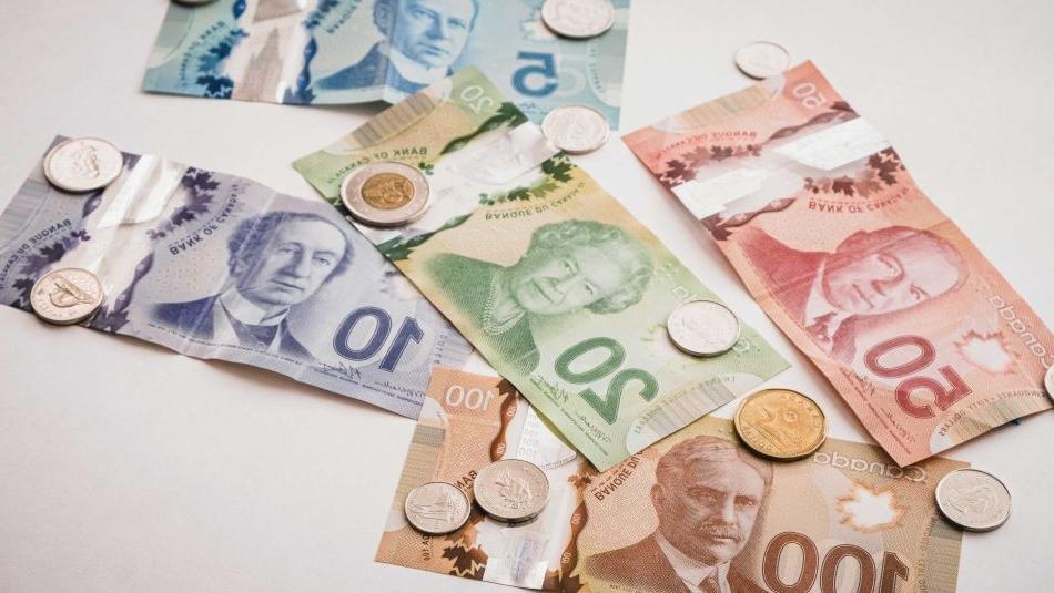 加拿大的钱分散在一个表面上